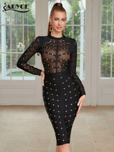 Load image into Gallery viewer, Sexy Women Dress Mesh Studded Button Black Beading Bodycon Runway Party Bandage Dress
