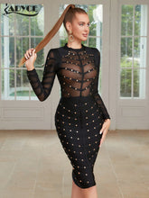 Load image into Gallery viewer, Sexy Women Dress Mesh Studded Button Black Beading Bodycon Runway Party Bandage Dress
