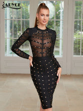 Load image into Gallery viewer, Sexy Women Dress Mesh Studded Button Black Beading Bodycon Runway Party Bandage Dress
