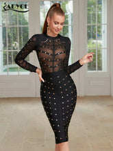 Load image into Gallery viewer, Sexy Women Dress Mesh Studded Button Black Beading Bodycon Runway Party Bandage Dress
