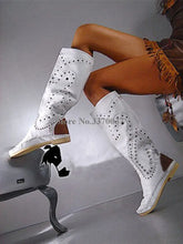 Load image into Gallery viewer, Women Yellow Suede Leather Round Toe Knee High Spike Comfortable Flat Boots Winter Boots
