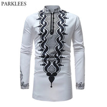 Load image into Gallery viewer, African Tribal Dashiki Longline Slim Long Sleeve Mandarin Collar Dress Shirt Men African Clothing Camisa
