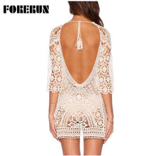 Load image into Gallery viewer, Lace Women Summer Beach Dress Vestido Sexy Backless Dresses Hollow Out Flower White Mini Robe Tunic
