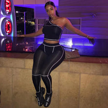 Load image into Gallery viewer, Sporty Active Wear Black Fitness Tracksuits One Shoulder 2 Piece Set Women Workout Crop Top And Leggings Sets
