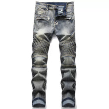 Load image into Gallery viewer, Men&#39;s Biker Light Ripped Moto Denim Man Pleated Scratched Motorcycle Slim Jean
