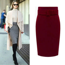 Load image into Gallery viewer, 2023 Winter Gray Thick Wool Midi Pencil Skirts Women Casual Slim High Waist With Belt Office Work Wear Saia S-XXXL S1205
