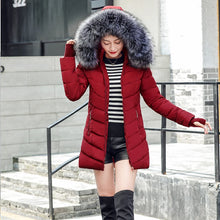 Load image into Gallery viewer, Winter coat hooded slim outwear woman long parka faux fox fur cotton padded abrigos mujer invierno
