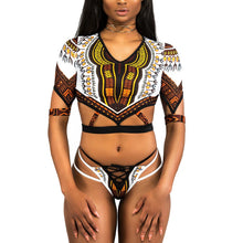 Load image into Gallery viewer, African Print Short Sleeve Bikini Women Swimsuit Female Swimwear High Cut Bathing Suit Swim
