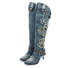 Load image into Gallery viewer, New Blue Denim Water Wash Knee High  Stiletto Pumps Cowboy Women&#39;s High Heels Jean Knight Boots
