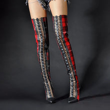 Load image into Gallery viewer, Pink Palms Shiny Sequined Cloth Over the Knee Thigh High Boots Cross Tied International Show Boots Women
