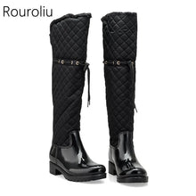 Load image into Gallery viewer, Women Rubber Patchwork Rain Boots Over Knee Winter Warm Fur Rainboots
