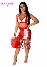 Load image into Gallery viewer, Patchwork Hand Crochet Beach Dress Two Piece Set Hollow Out Bra Top Bodycon
