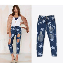 Load image into Gallery viewer, Boyfriend Big Hole Jeans for Women With Five-pointed Star Ripped Jeans Light Blue Denim Pants
