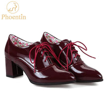 Load image into Gallery viewer, Phoentin wine red lace up pumps heels pointed toe office concise women flower insole shoes large size 48 FT287
