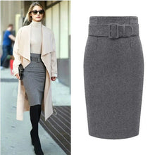 Load image into Gallery viewer, 2023 Winter Gray Thick Wool Midi Pencil Skirts Women Casual Slim High Waist With Belt Office Work Wear Saia S-XXXL S1205
