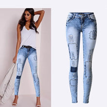 Load image into Gallery viewer, Low Waist Sky Blue Patchwork Skinny Tights Pencil High Stretch Sexy Push Up Denim Women Fashion Jeans
