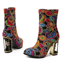 Load image into Gallery viewer, Phoentin ethnic print flower women&#39;s boots mixed color crystal bird cage high heels
