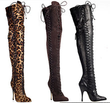 Load image into Gallery viewer, Women Lace-up Suede Leather Over Knee Gladiator Boots Leopard Slim Tigh High Luxury High Heel Long Boots
