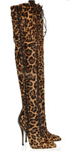 Load image into Gallery viewer, Women Lace-up Suede Leather Over Knee Gladiator Boots Leopard Slim Tigh High Luxury High Heel Long Boots
