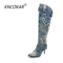 Load image into Gallery viewer, New Blue Denim Water Wash Knee High  Stiletto Pumps Cowboy Women&#39;s High Heels Jean Knight Boots
