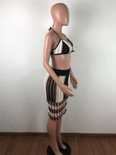 Load image into Gallery viewer, Patchwork Hand Crochet Beach Dress Two Piece Set Hollow Out Bra Top Bodycon
