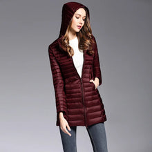 Load image into Gallery viewer, New Women&#39;s Ultra Light Down Long Jacket Hooded Lightweight Slim Down Coat Female Windbreakers
