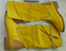 Load image into Gallery viewer, Women Yellow Suede Leather Round Toe Knee High Spike Comfortable Flat Boots Winter Boots
