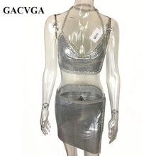 Load image into Gallery viewer, Sexy Metal Beach Crop Top And Skirt Set Sequined Dress Suits Cropped Feminino
