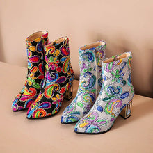 Load image into Gallery viewer, Phoentin ethnic print flower women&#39;s boots mixed color crystal bird cage high heels
