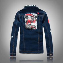 Load image into Gallery viewer, Men&#39;s slim English flag patch design rivet Casual dark blue washed denim  jean jacket
