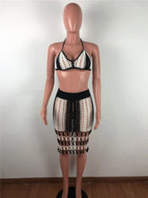 Load image into Gallery viewer, Patchwork Hand Crochet Beach Dress Two Piece Set Hollow Out Bra Top Bodycon
