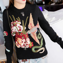 Load image into Gallery viewer, Women Pullovers Sweaters Luxury Blue Beading Bird Embroidery Christmas Vintage Ladies Knitted Jumper
