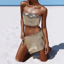 Load image into Gallery viewer, Sexy Metal Beach Crop Top And Skirt Set Sequined Dress Suits Cropped Feminino
