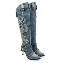 Load image into Gallery viewer, New Blue Denim Water Wash Knee High  Stiletto Pumps Cowboy Women&#39;s High Heels Jean Knight Boots
