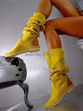 Load image into Gallery viewer, Women Yellow Suede Leather Round Toe Knee High Spike Comfortable Flat Boots Winter Boots
