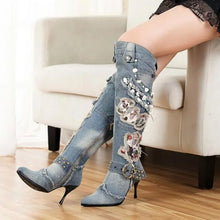 Load image into Gallery viewer, New Blue Denim Water Wash Knee High  Stiletto Pumps Cowboy Women&#39;s High Heels Jean Knight Boots
