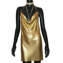 Load image into Gallery viewer, Sexy Gold Sequined Mini Dress Women Sleeveless Low Cut Metal Chains Halter Slim Dresses
