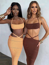 Load image into Gallery viewer, Women Knitted 2 Pieces Sexy Tie-up Halter Crop Tops and Cross Wrapped Long Skirts Beach Clubwear
