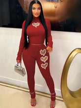 Load image into Gallery viewer, Women&#39;s Crystal Hearts Knit Leggings Set Sequin 2-Piece Ribbed Tracksuits
