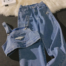 Load image into Gallery viewer, Women Denim Strapless Sling Sleeveless Short Tops and Loose Wide Leg Jeans Two Piece Suits
