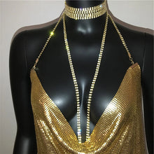 Load image into Gallery viewer, Sexy Gold Sequined Mini Dress Women Sleeveless Low Cut Metal Chains Halter Slim Dresses
