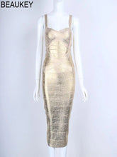 Load image into Gallery viewer, Metallic Gold Silver Spaghetti Strap Women Sexy Midi Cocktail Dress Bodycon Party Club Vestido XL
